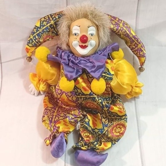 Vintage 10'' Mardi Gras Jester Doll Porcelain Head Clown Figure - Picture 1 of 7